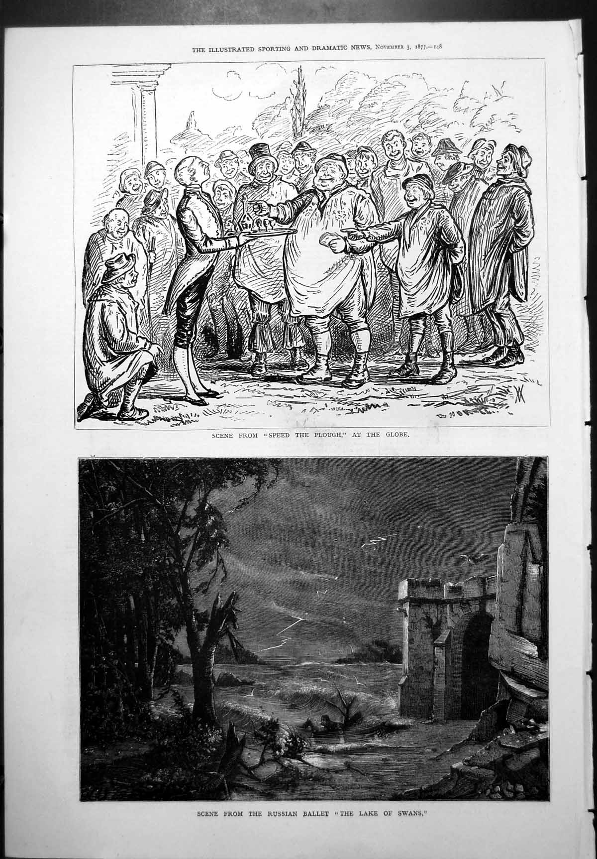 Antique Print Scene Speed Plough Globe Scene Russian Ballet Lake Swans 1877