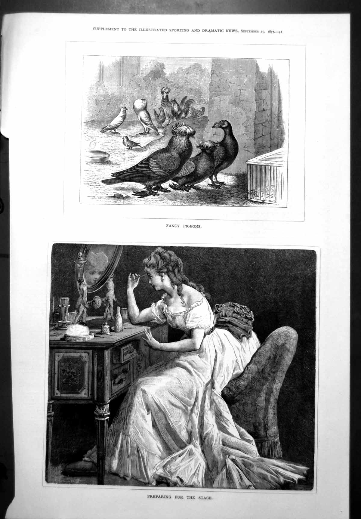 Old Fancy Pigeons Preparing For Stage Lady Applying Make Up Mirror 1877 19th