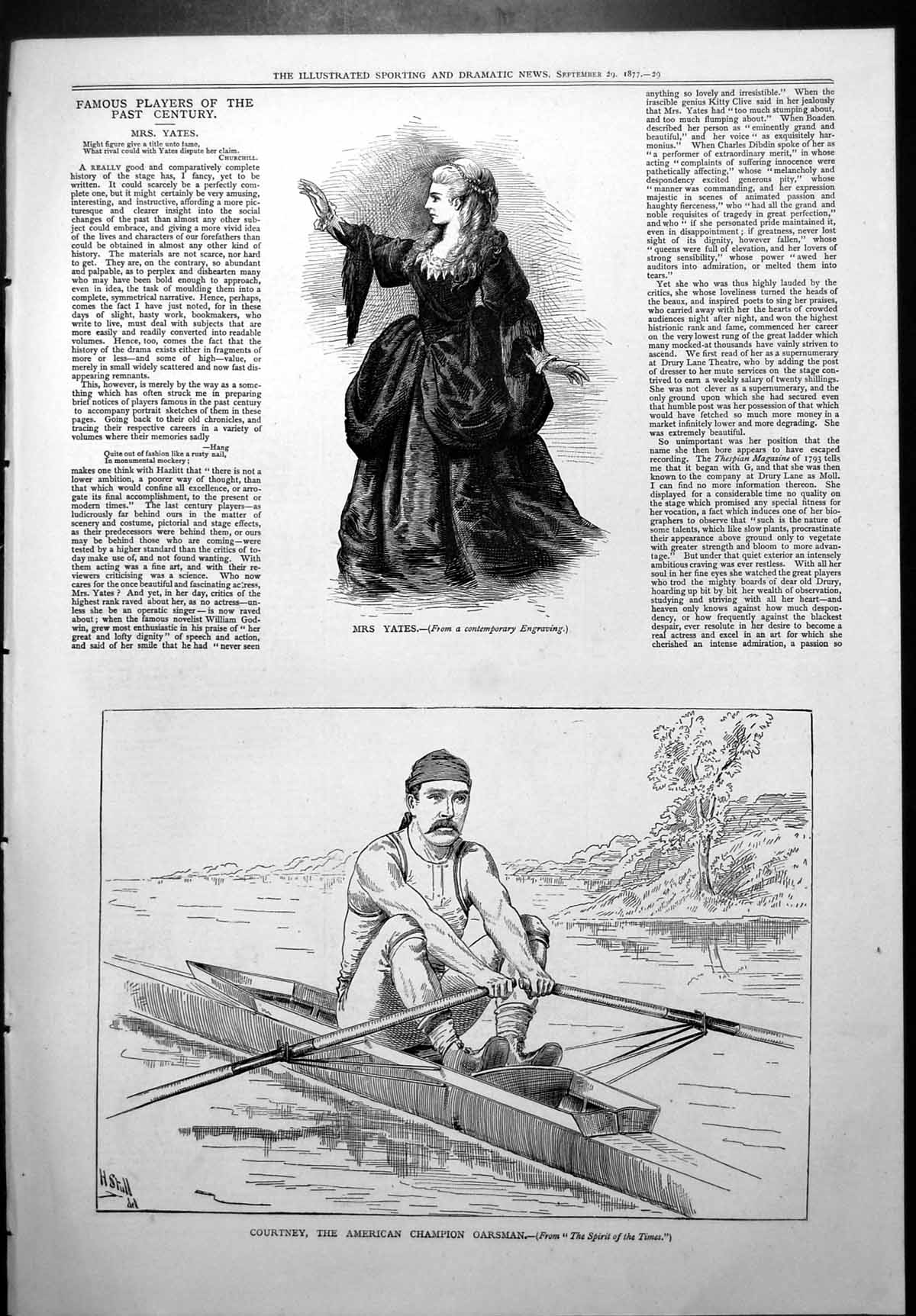 Old Print Mrs Yates Famous Player Courtney American Champion Oarsman 1877 19th