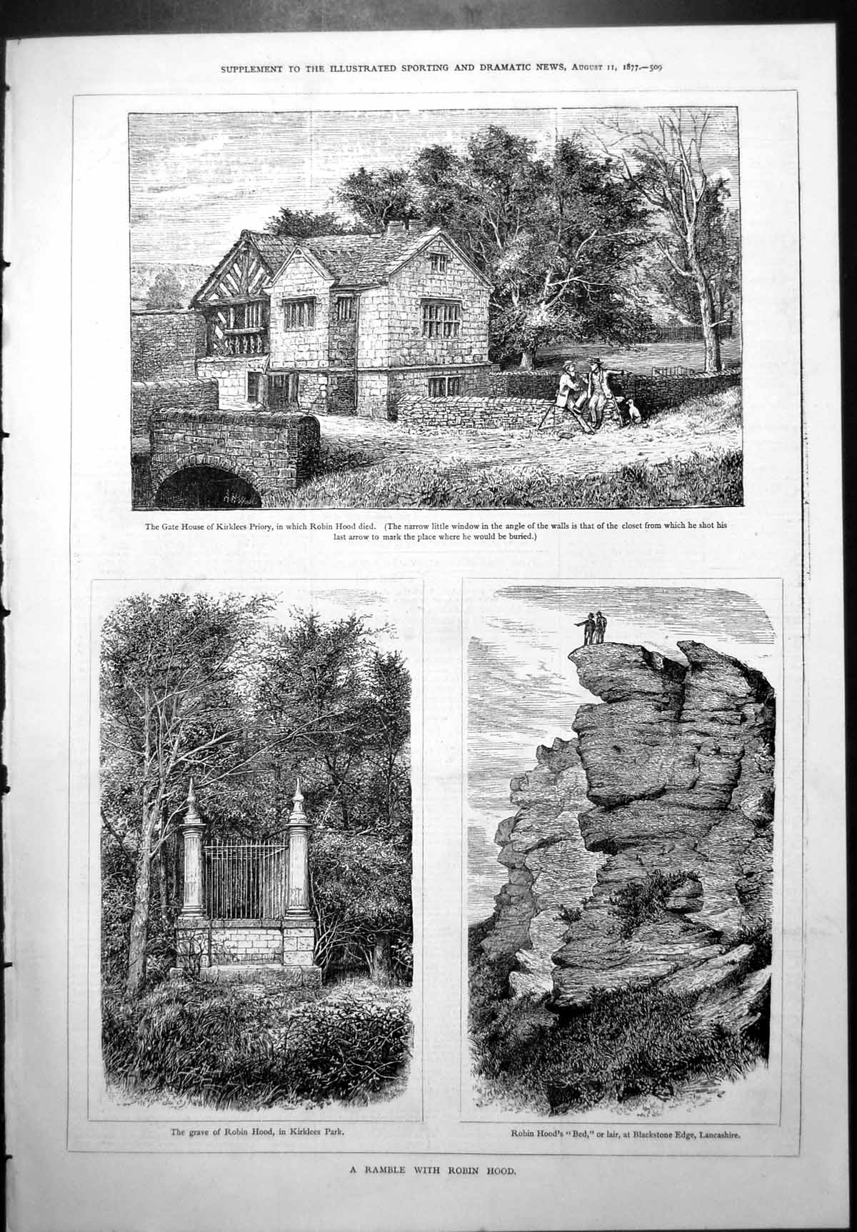 Antique Print Ramble Robin Hood Gate House Kirklees Priory Grave Lair 1877 19th