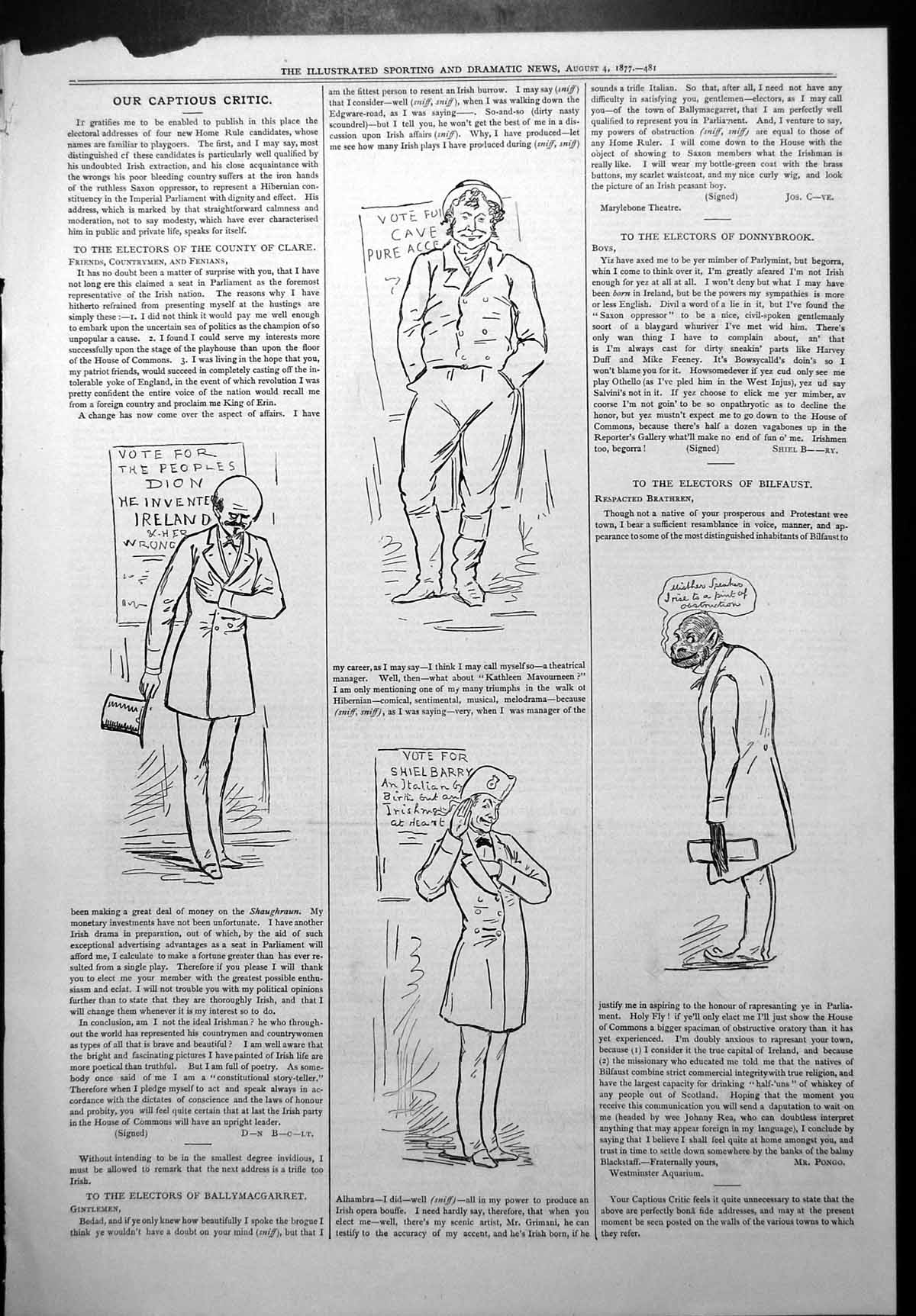 Old Print Captious Critic Electoral Addresses Home Rule County Clare 1877 19th