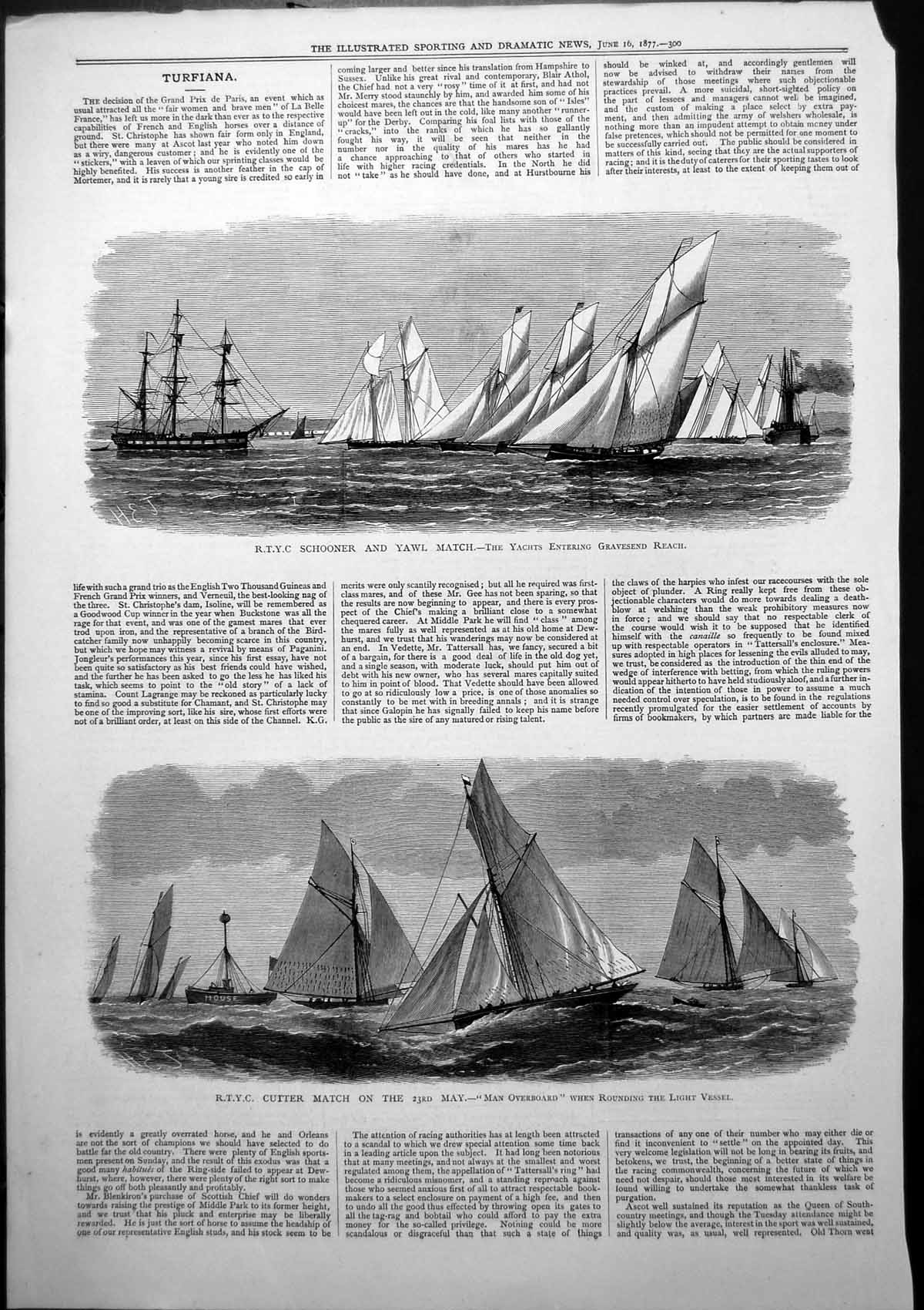 Antique Old Print Yachts Gravesend R T Y C Cutter Match Man Overboard 1877 19th