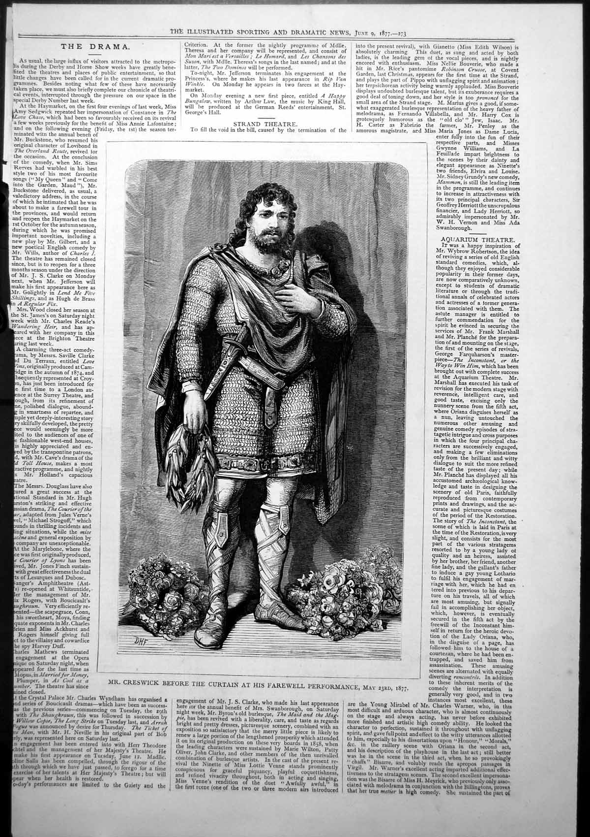 Original Old Antique Print Mr Creswick Before Curtain Farewell Performance 1877