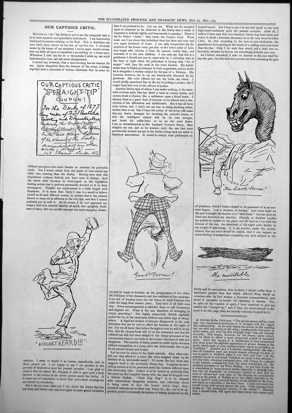 Original Old Antique Print Captious Critic Straight Tip Derby Dark Horse 1877