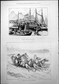 Antique Old Print Oyster Boats Billingsgate Sleigh Race St Petersburgh 1877