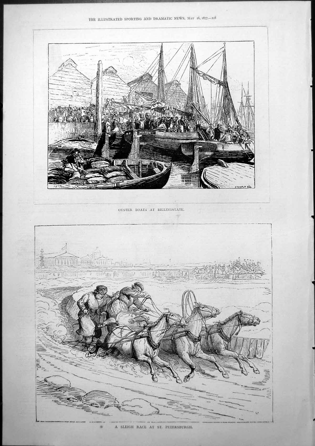 Antique Old Print Oyster Boats Billingsgate Sleigh Race St Petersburgh 1877