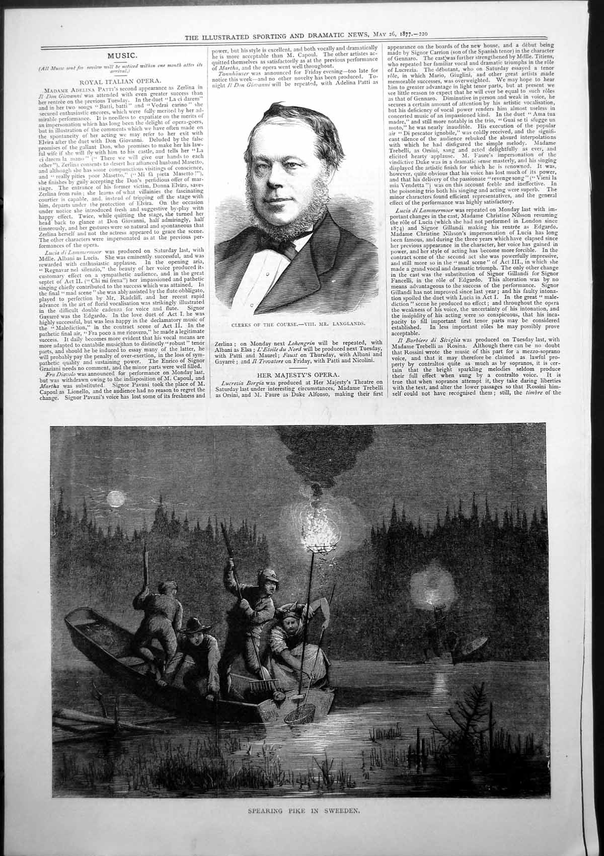Original Old Antique Print Clerks Course Mr Langlands Spearing Pike Sweden 1877