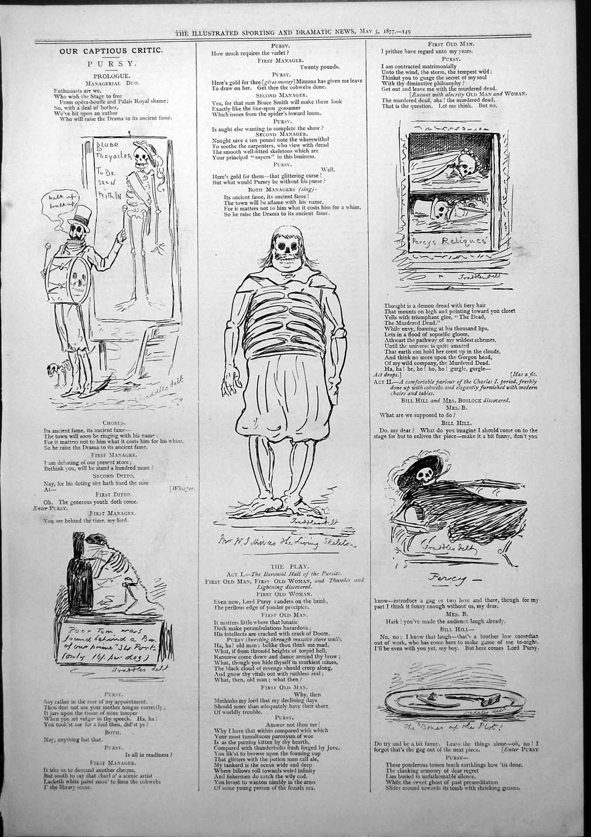 Old Print Captious Critic Pursy Globe Theatre Percy Living Skeleton 1877 19th