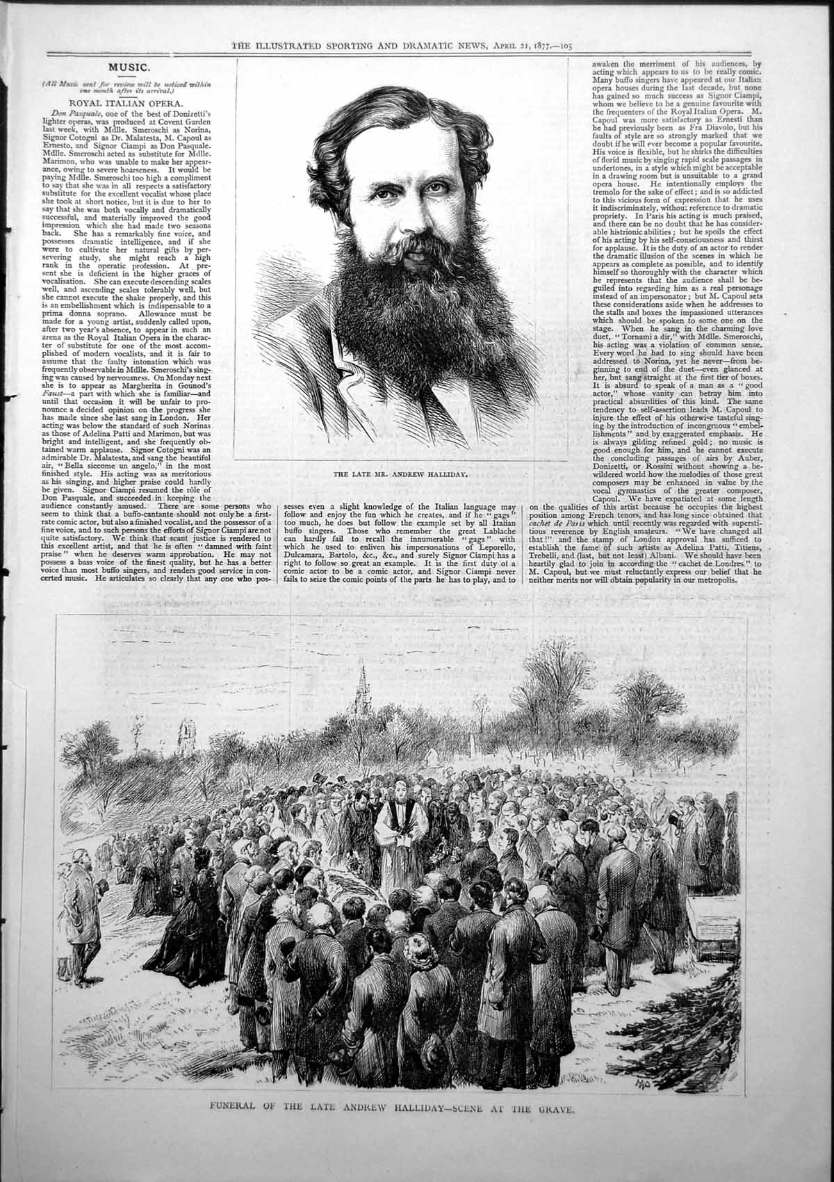 Original Old Antique Print Andrew Halliday Funeral Scene At Grave 1877 19th