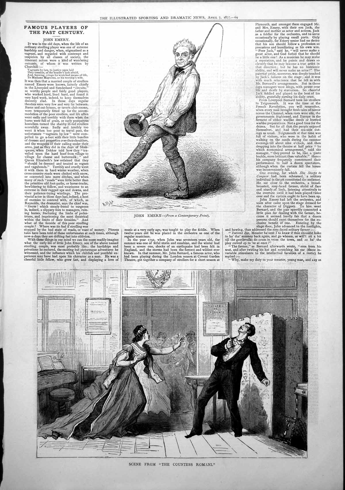 Antique Print John Emery Strolling Player Countess Romani Dagger Chest 1877