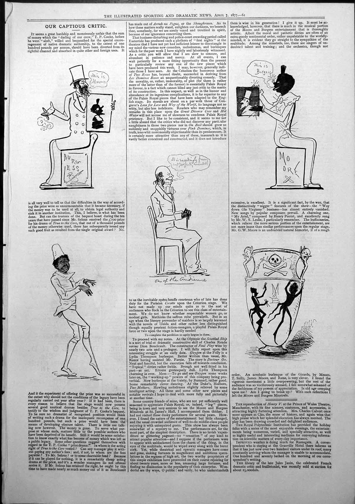Original Old Antique Print Captious Critic True To Core Audience Burgess 1877