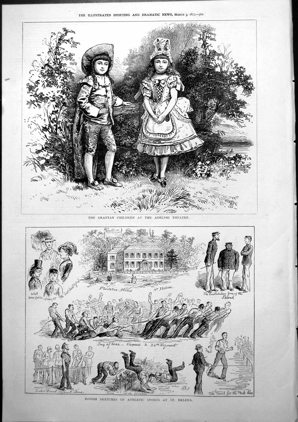 Old Print Grattan Children Adelphi Theatre Athletic Sports St Helena 1877 19th