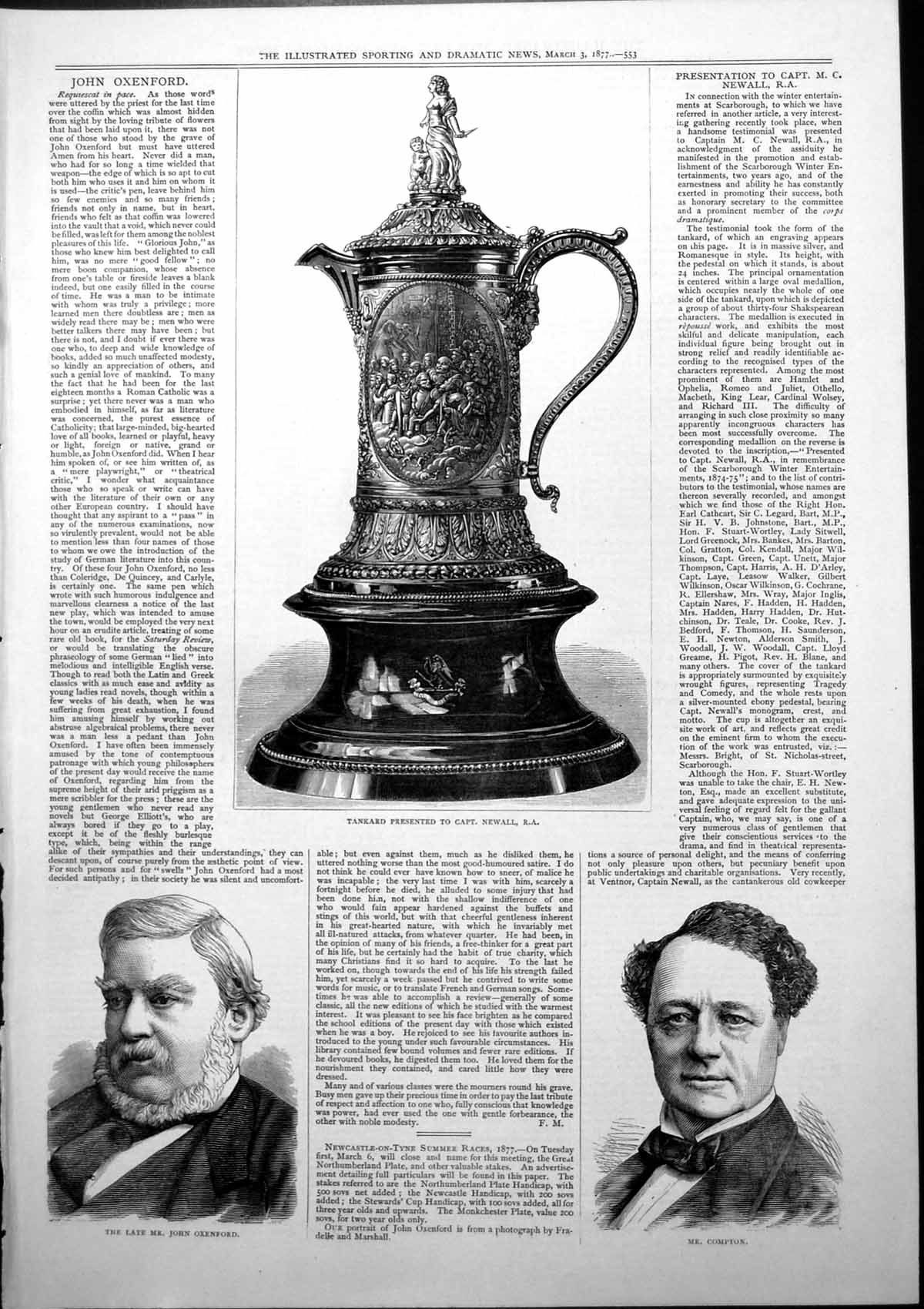 Antique Old Print Tankard Presented Capt Newall John Oxenford Mr Compton 1877