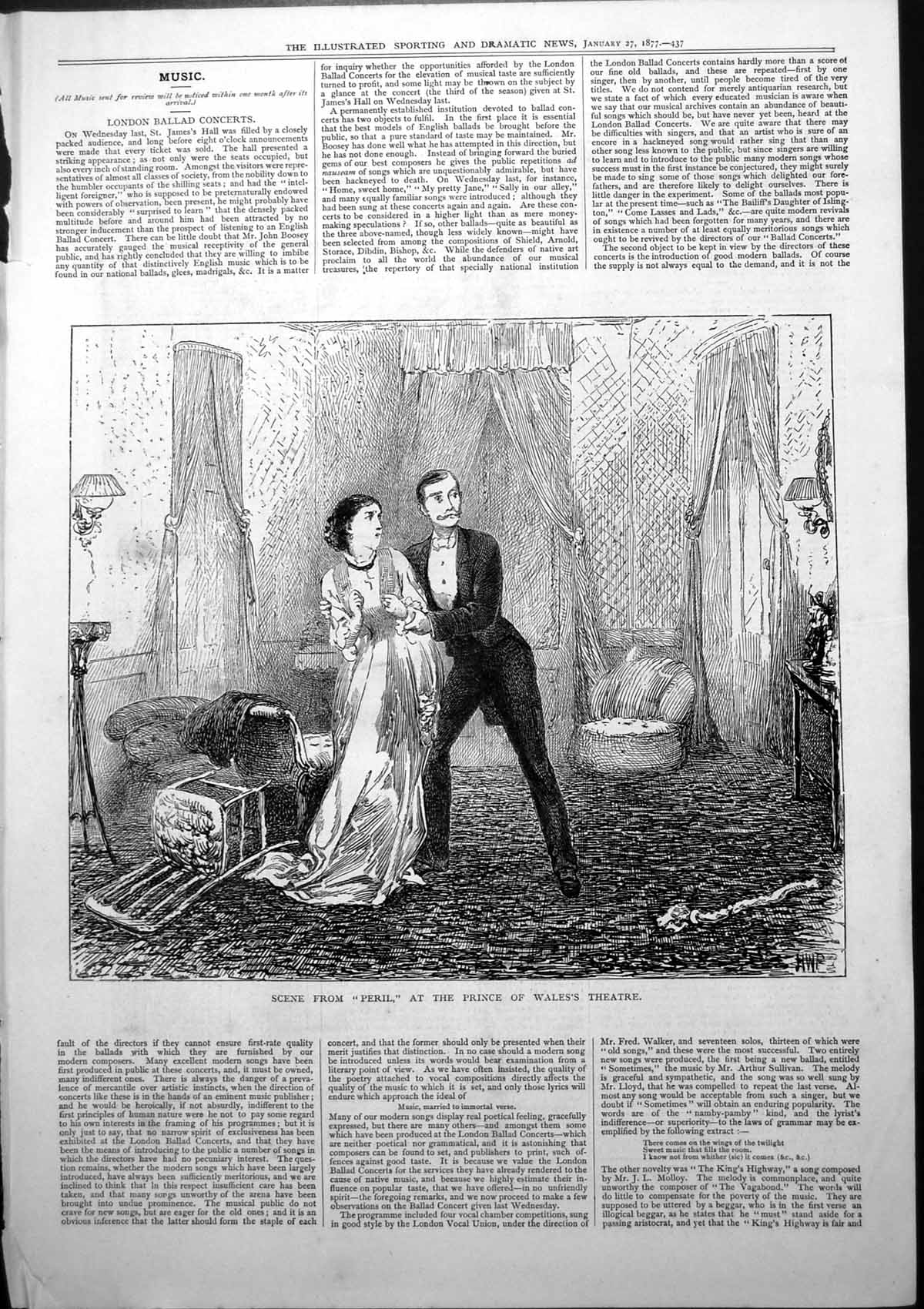 Old Scene Peril Prince Wales Theatre Man Protecting Scared Lady 1877 Victorian