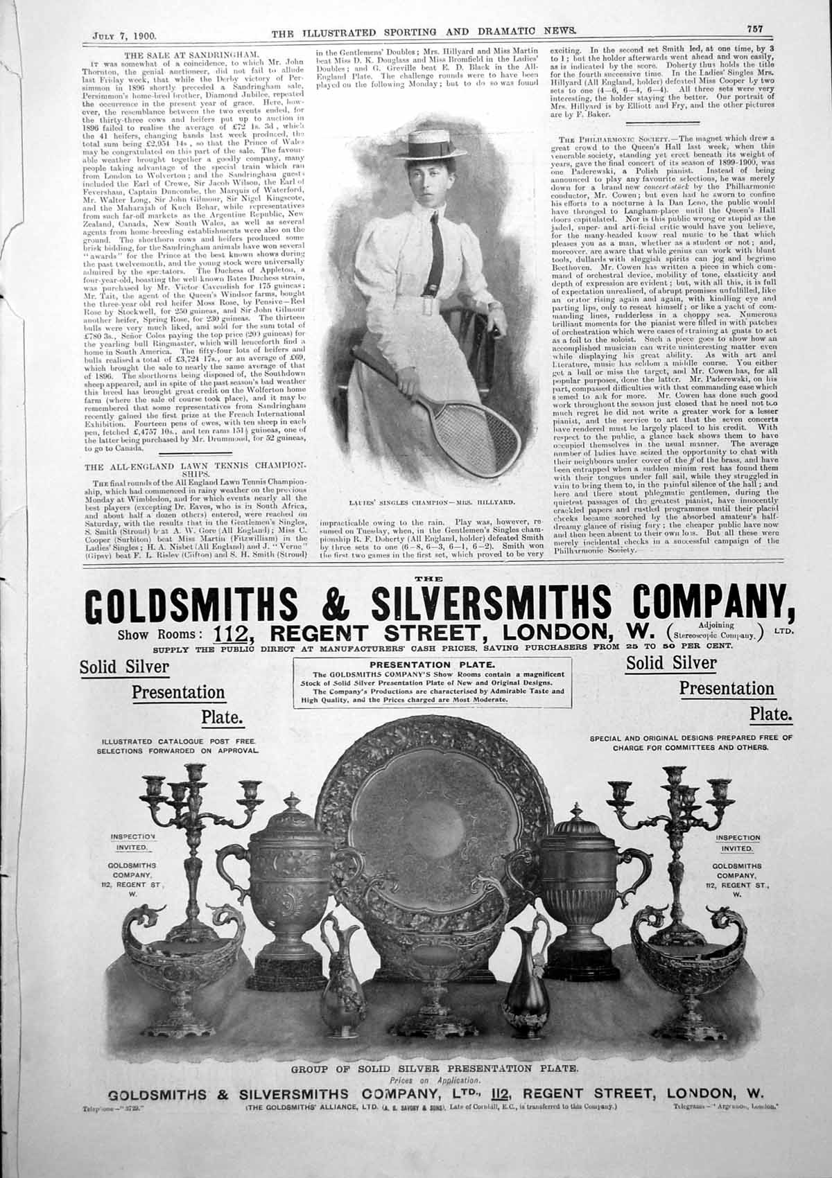 Old Print Mrs Hillyard Tennis Lord Kensington Mappin & Webbs Silver 1900 20th