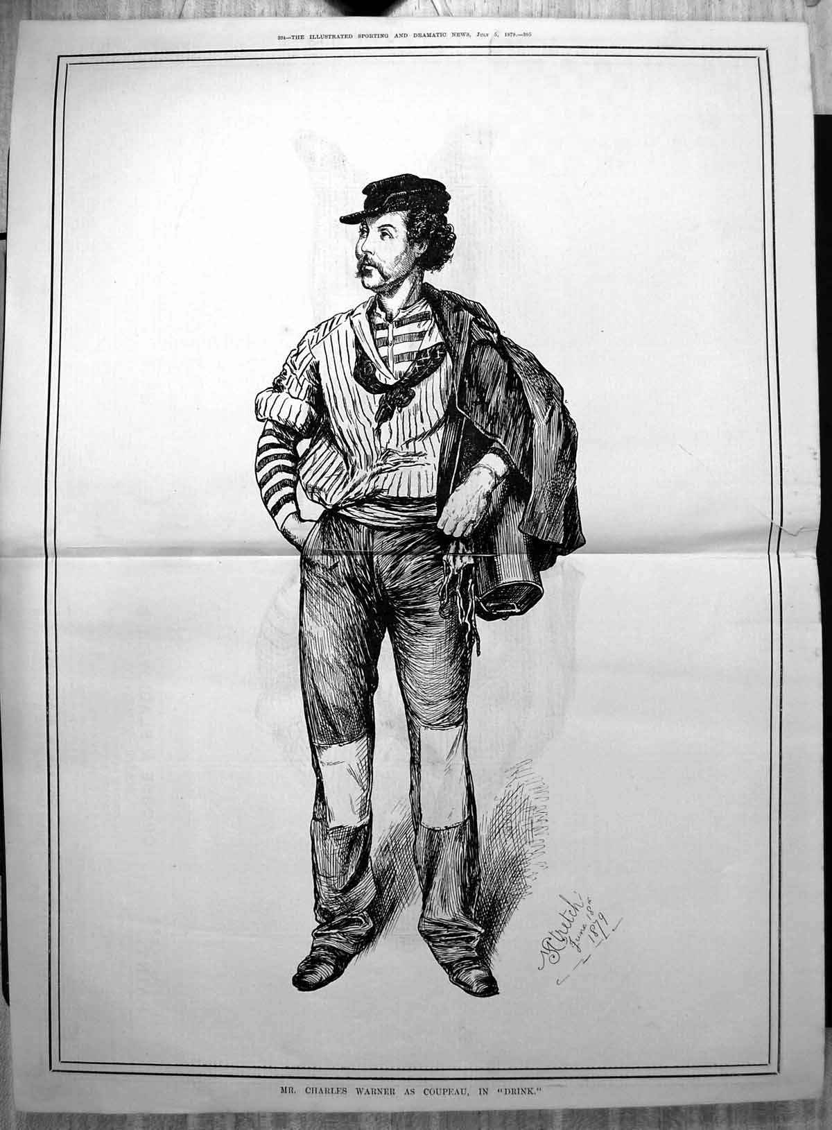 Original Old Antique Print Mr Charles Warner As Coupeau In Drink A Stretch 1879