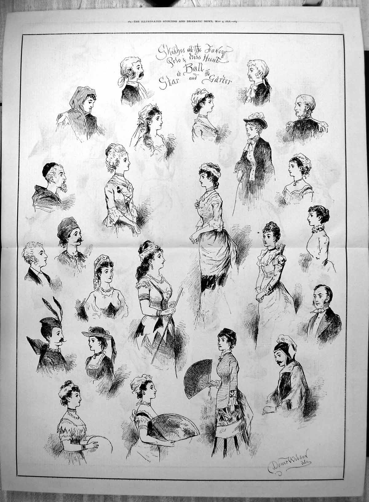 Original Old Antique Print Sketches Fancy Dress Polo Hunt Ball Star Garter 1878