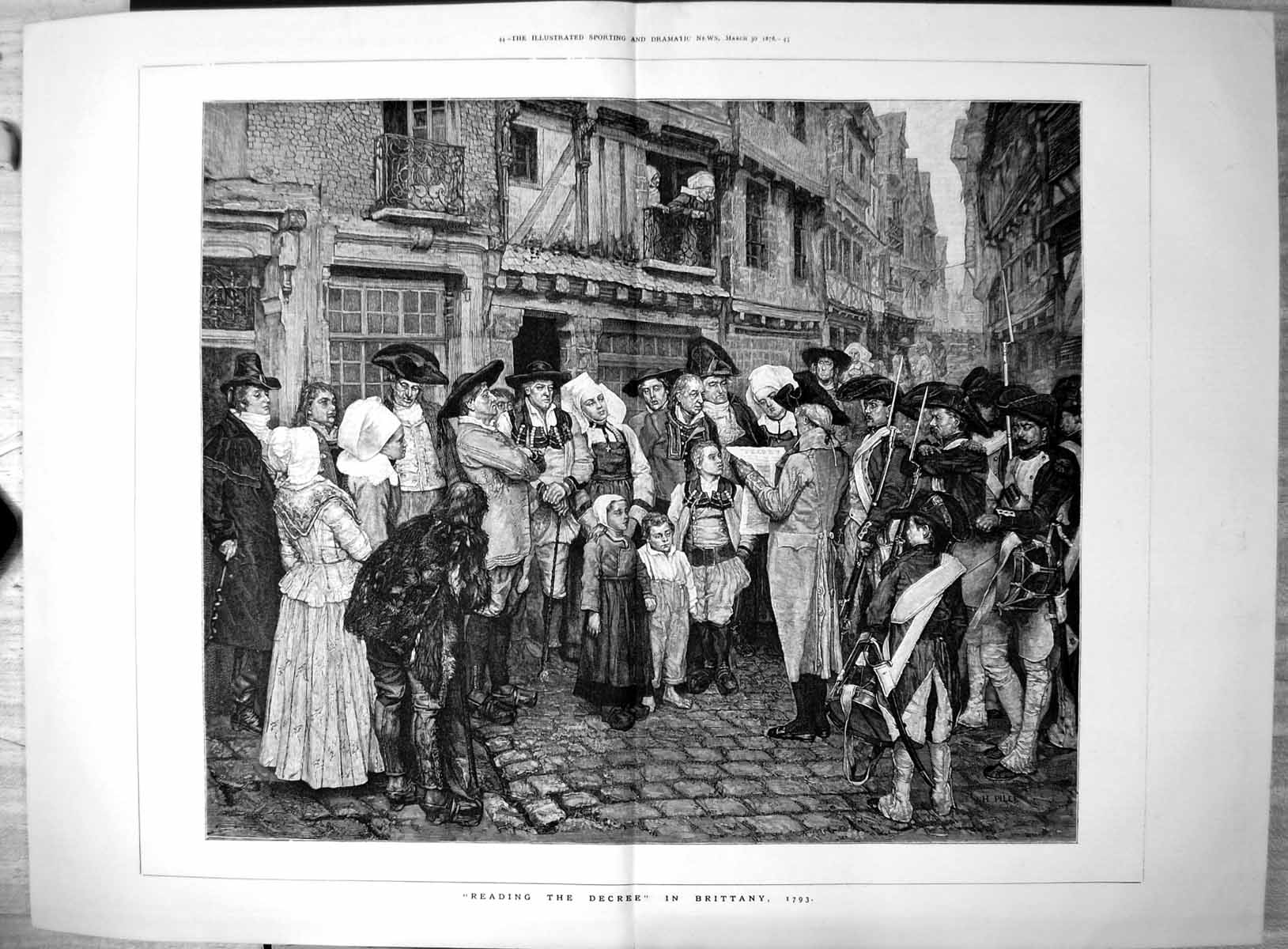 Original Old Antique Print Reading The Decree Brittany 1793 Street Scene 1878