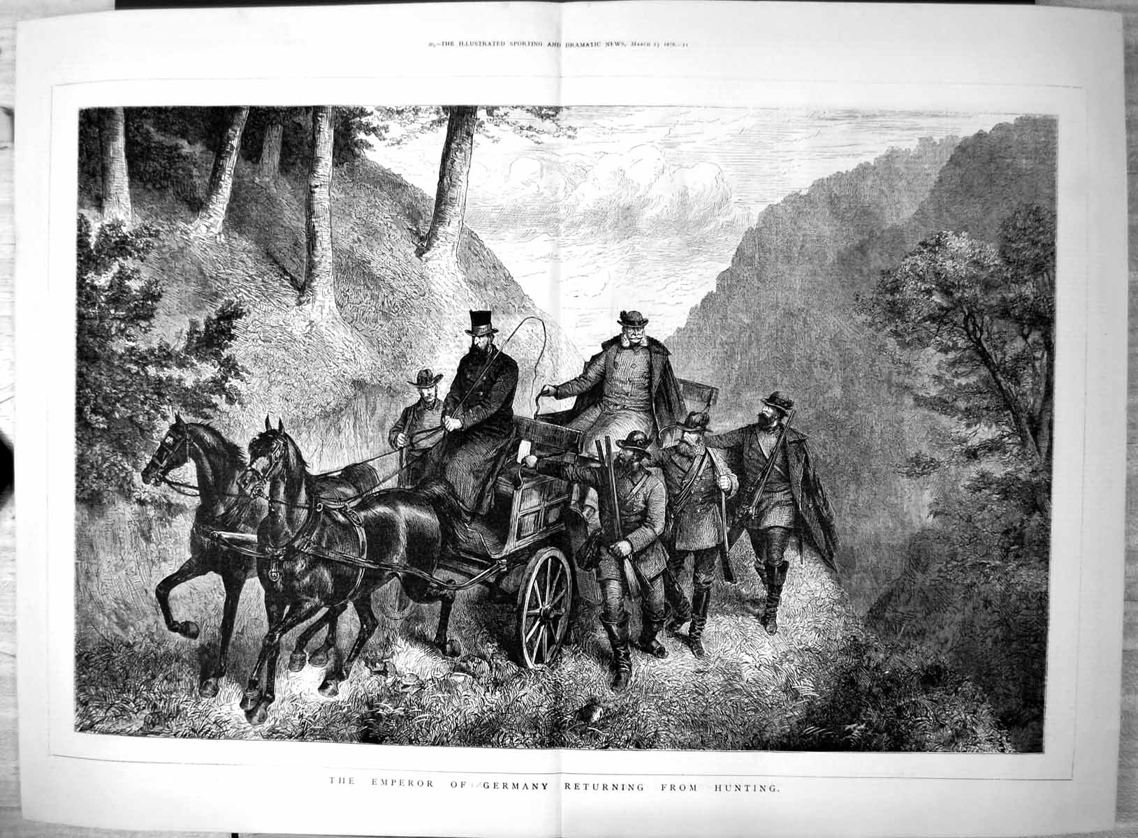 Original Old Antique Print Emperor Germany Returning From Hunting 1878 19th