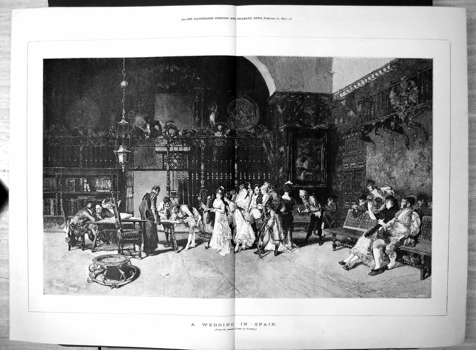 Original Old Antique Print Wedding Spain Picture Fortuny Signing Papers 1877