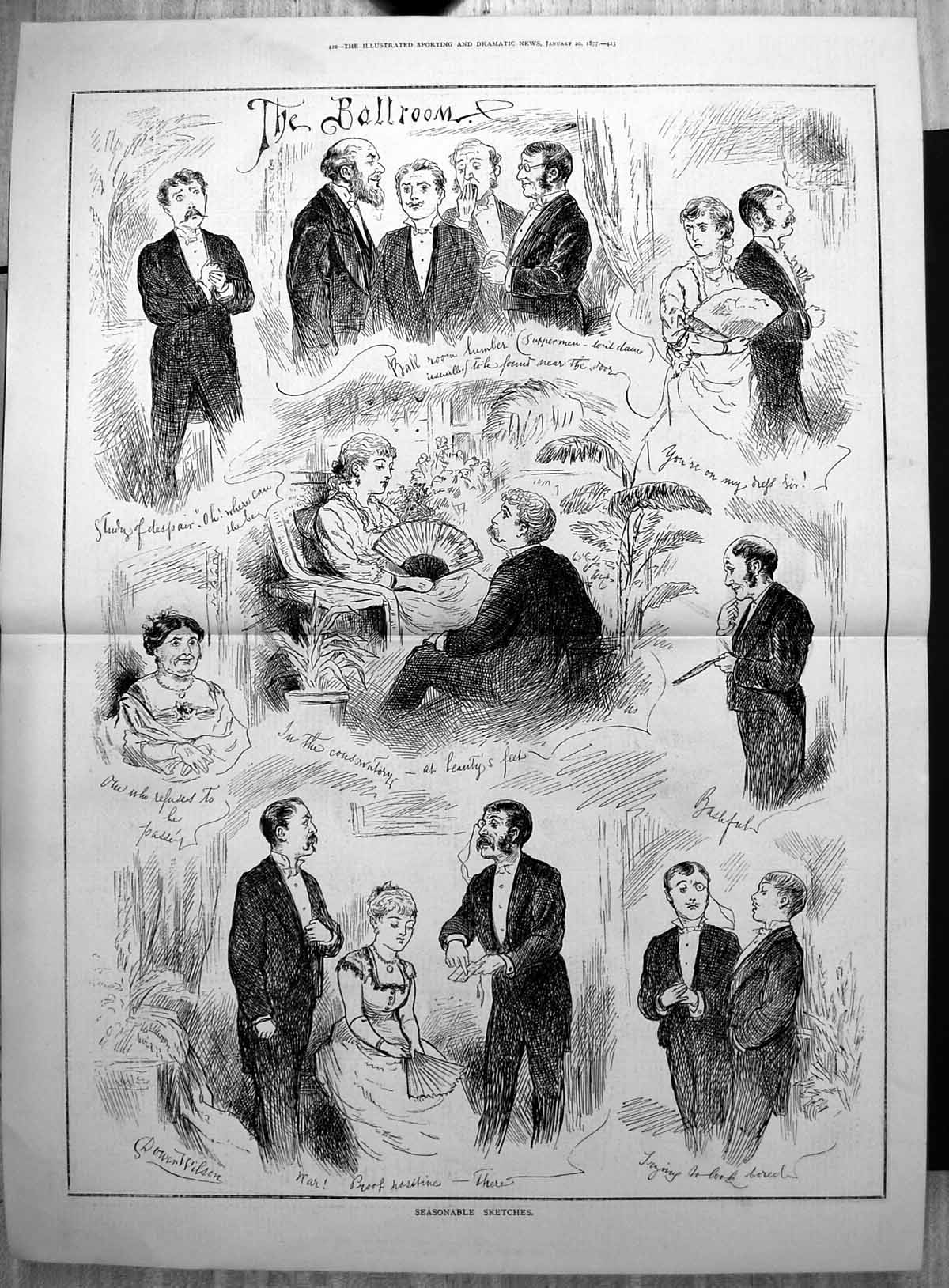 Old Print Ballroom Seasonable Sketches Conservatory Bashful D Wilson 1877 19th