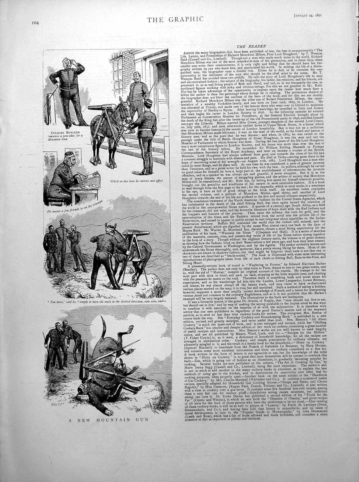 Old Print New Mountain Gun Mounted Mule Portraits Maitland Haussman 1891 19th