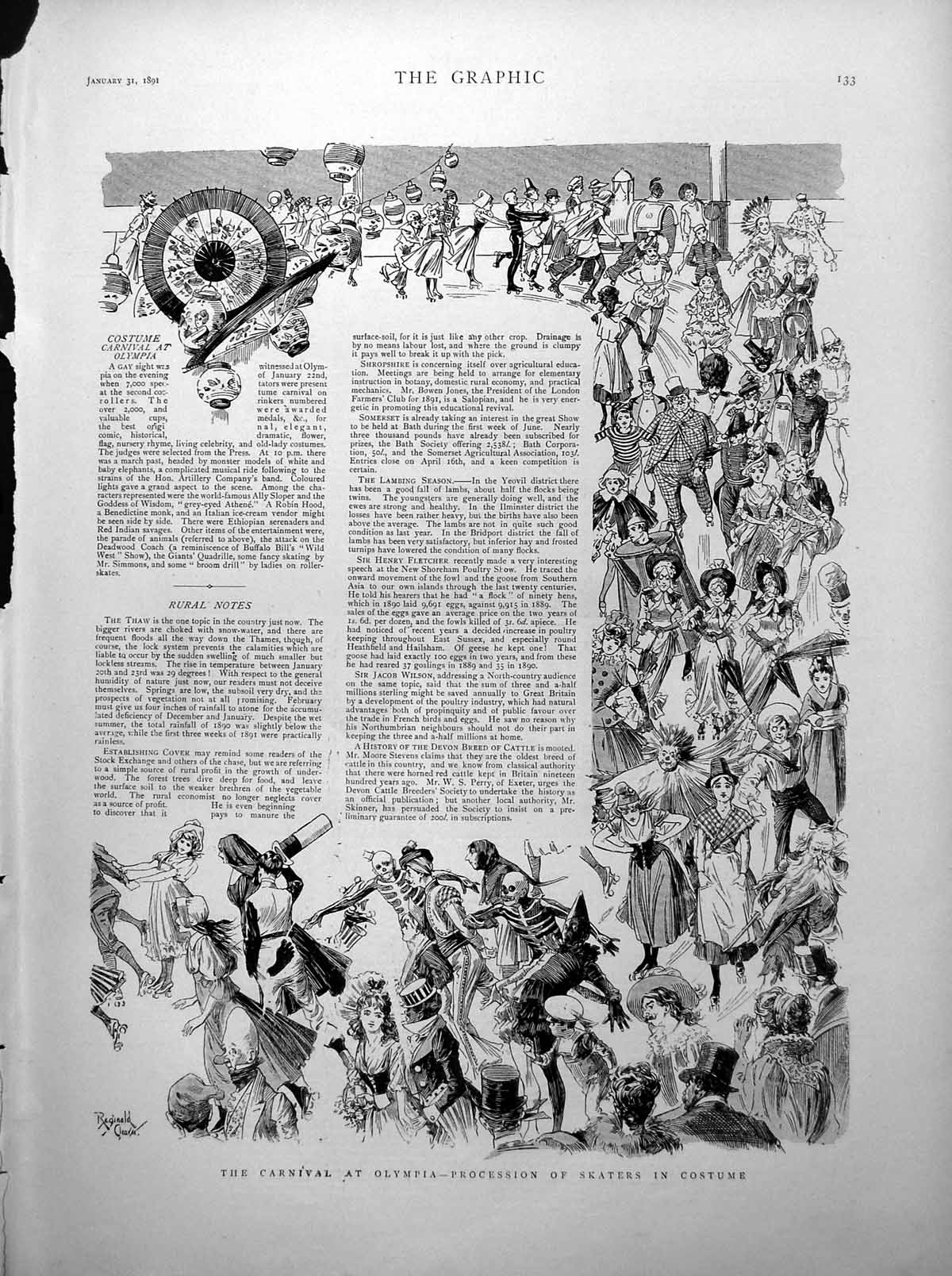 Old Print Carnival Olympia Costumed Skaters Facsimile Aristotle Manuscript 1891