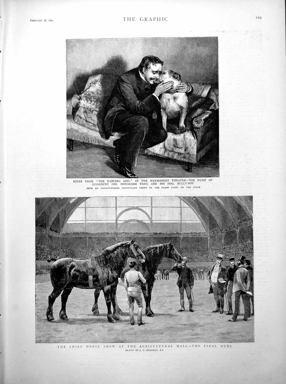 Old Print Dancing Girl Man Dog Shire Horse Show HMS Royal Sovereign 1891 19th