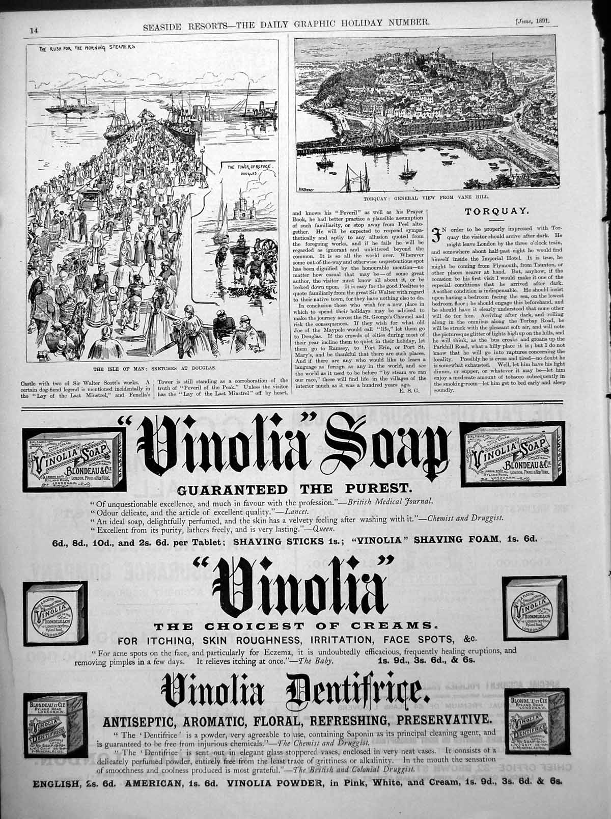 Old Torquay View Isle Man Vinolia Soap Adverts Insurance Accident 1891 19th