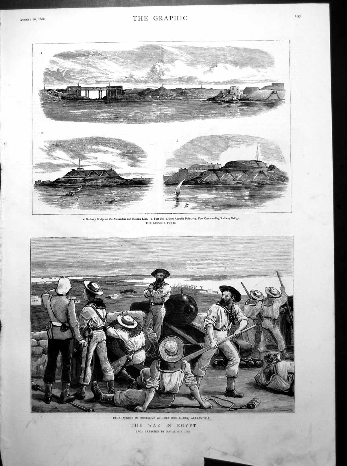 Old Print War Egypt Aboukir Forts Blu- Jackets Alexandria Massacre Ireland 1882