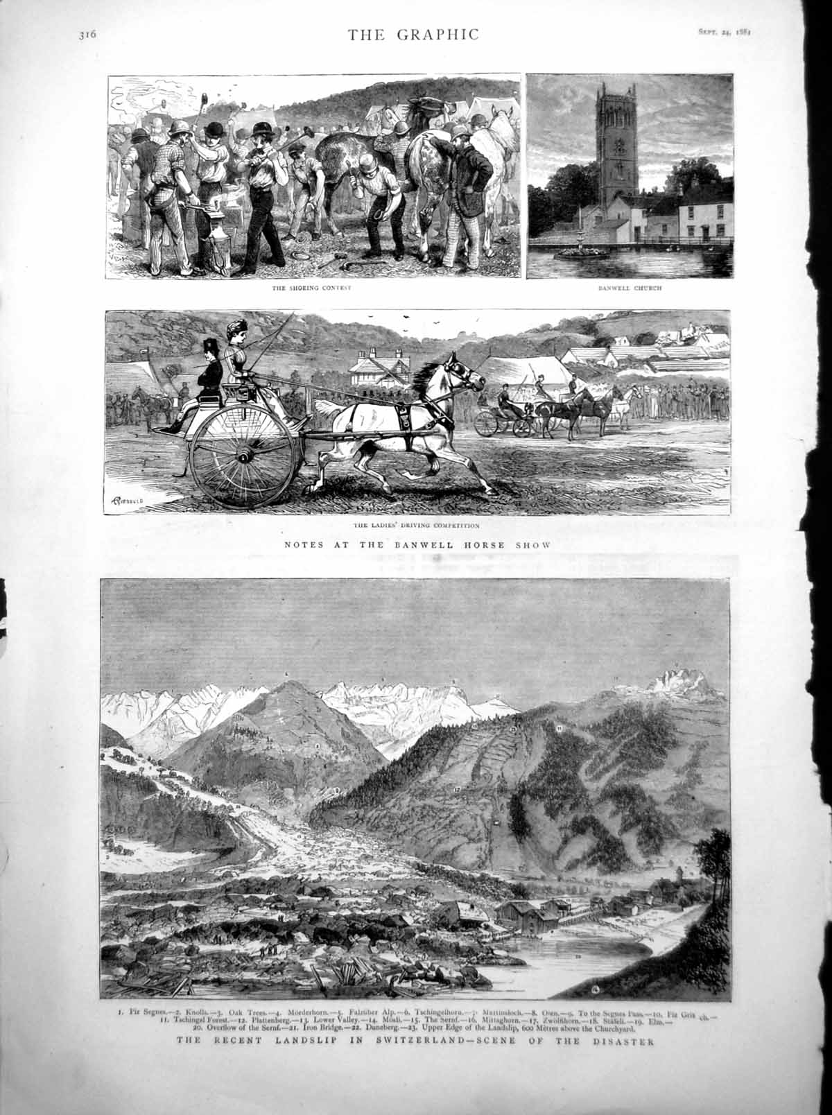 Old Print Banwell Horse Show Landslip Switzerland Sernf Opera House 1881 19th