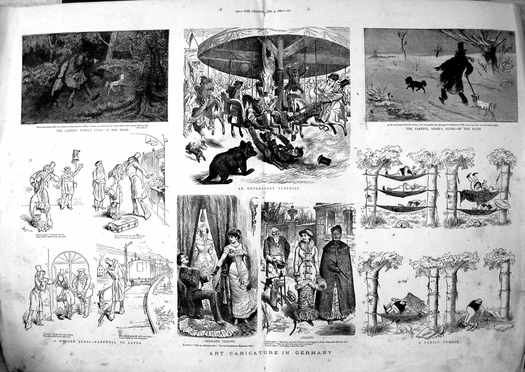 Antique Old Print Art Caricature Germany Bear Carousel Farewell Hammock 1882