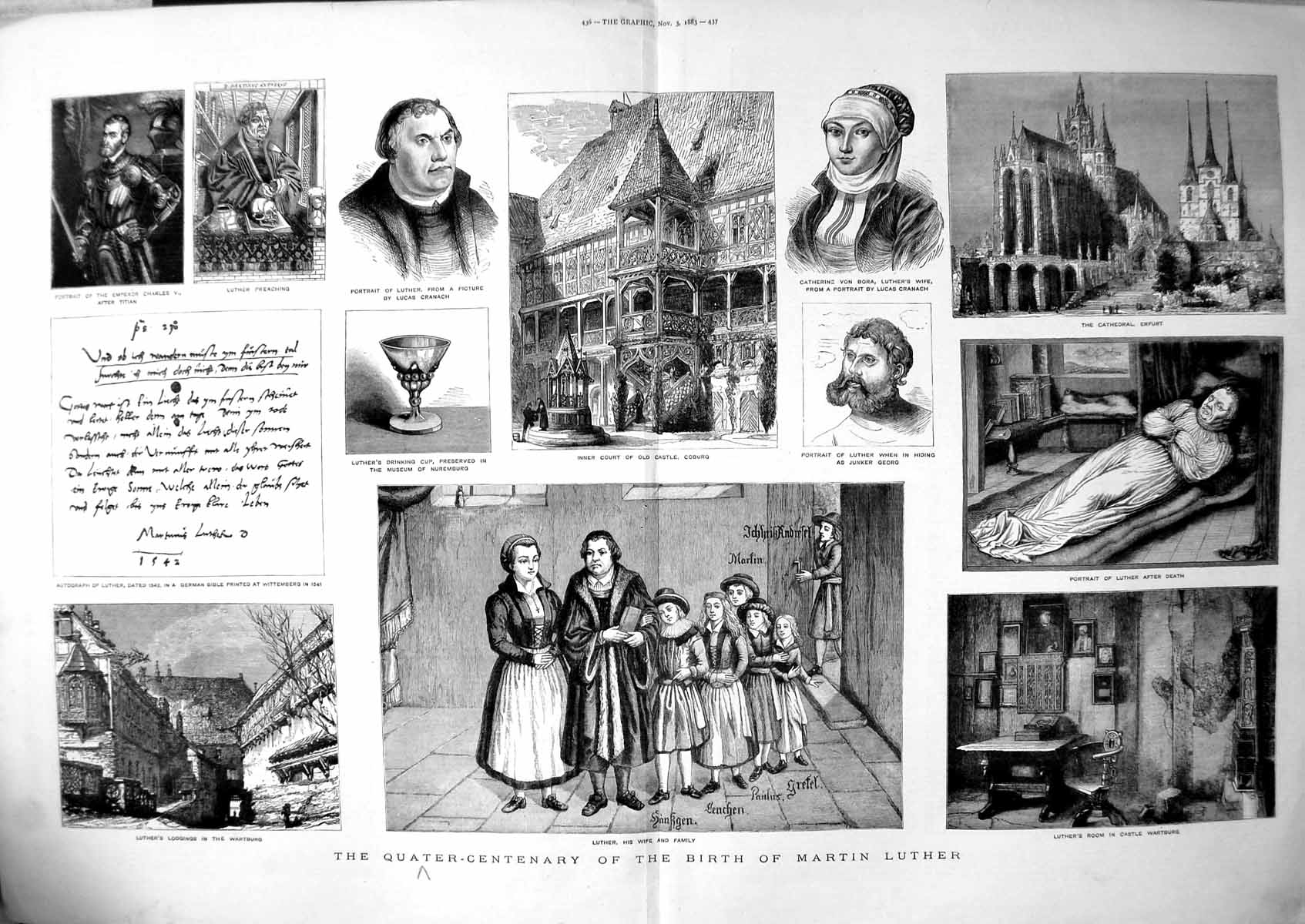 Antique Print Quater-Centenary Birth Martin Luther Wife Family House 1883 19th