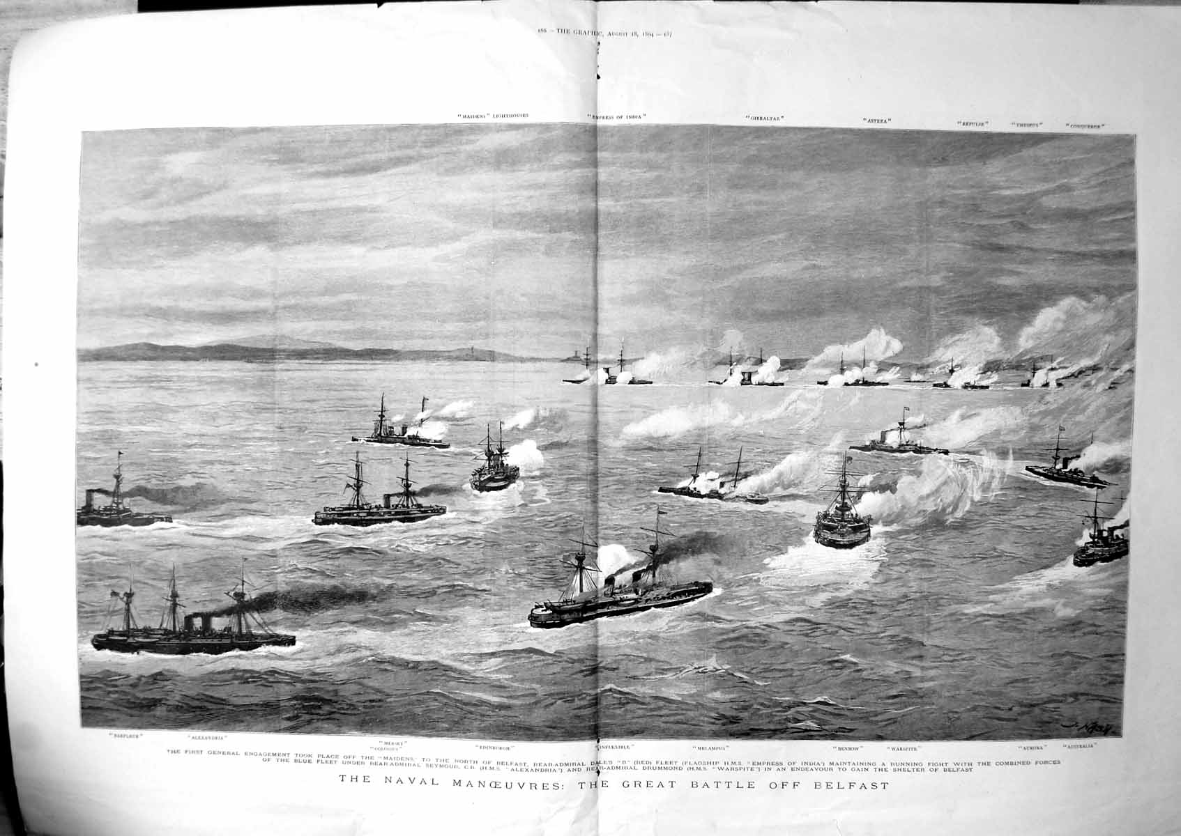 Antique Old Print Naval Manoeuvres Great Battle Belfast Ships Firing 1894 19th