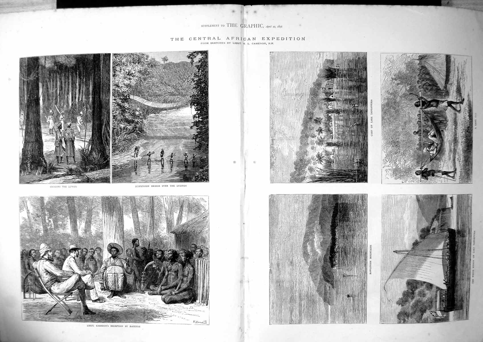 Old Print Central African Expedition Lulindi Bridge Katende Carried 1876 19th