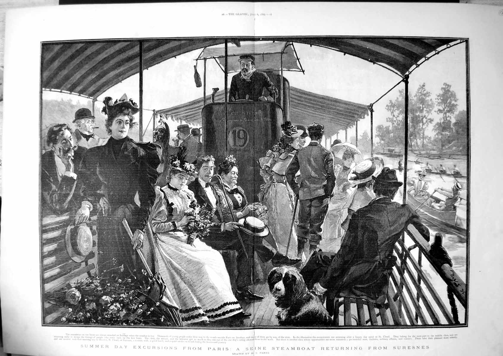 Antique Old Print Seine Steamboat Returning Paris From Seresnes People 1895