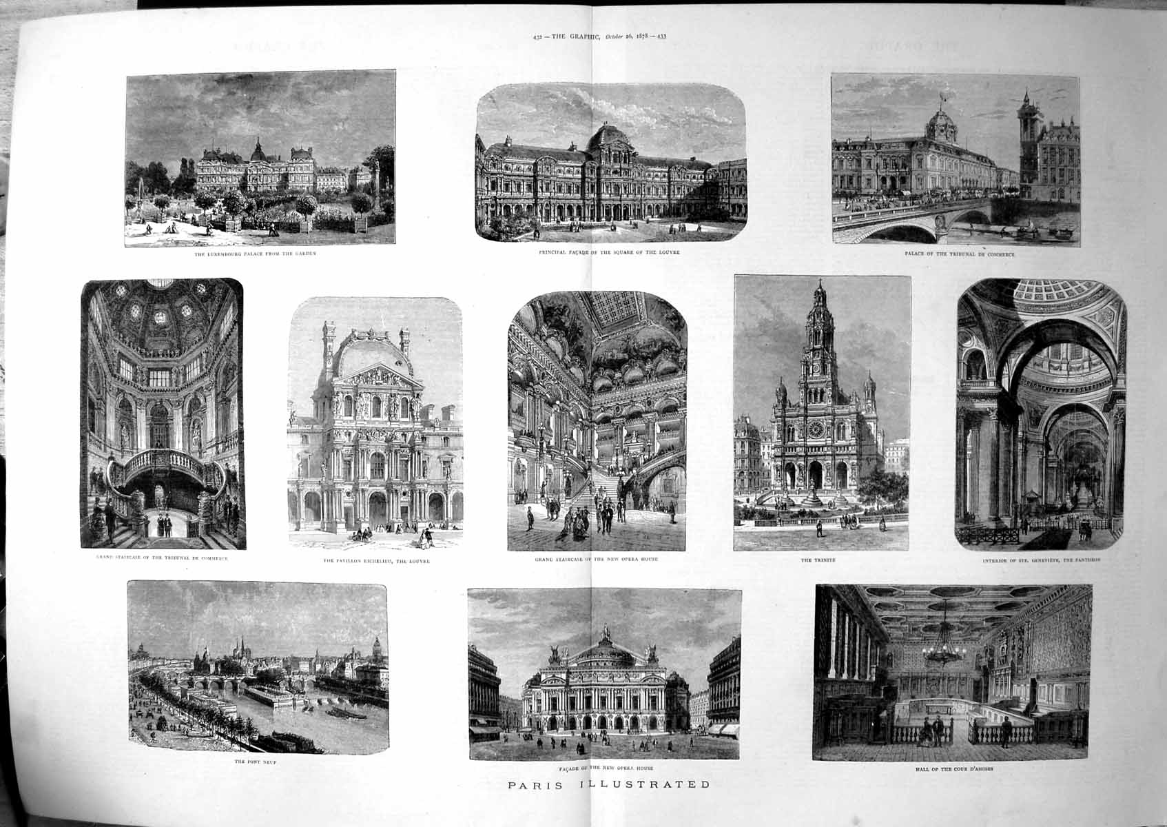 Antique Old Print Paris Illustrated Louvre Pont Neuf Trinite Buildings 1878