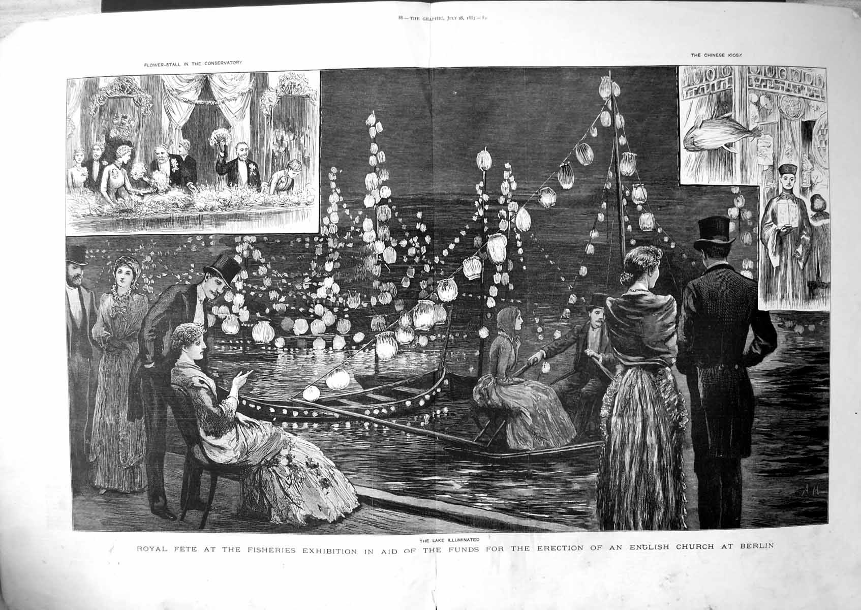 Antique Print Royal Fete Fisheries Exhibition Boats Lanterns Flowers 1883 19th