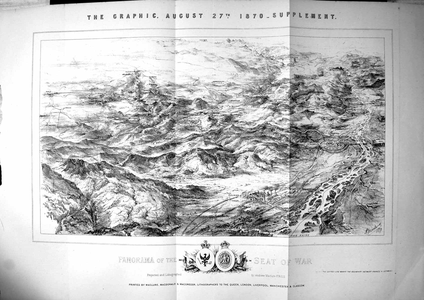Antique Print Panorama Seat War Projected Lithographed France Germany 1870