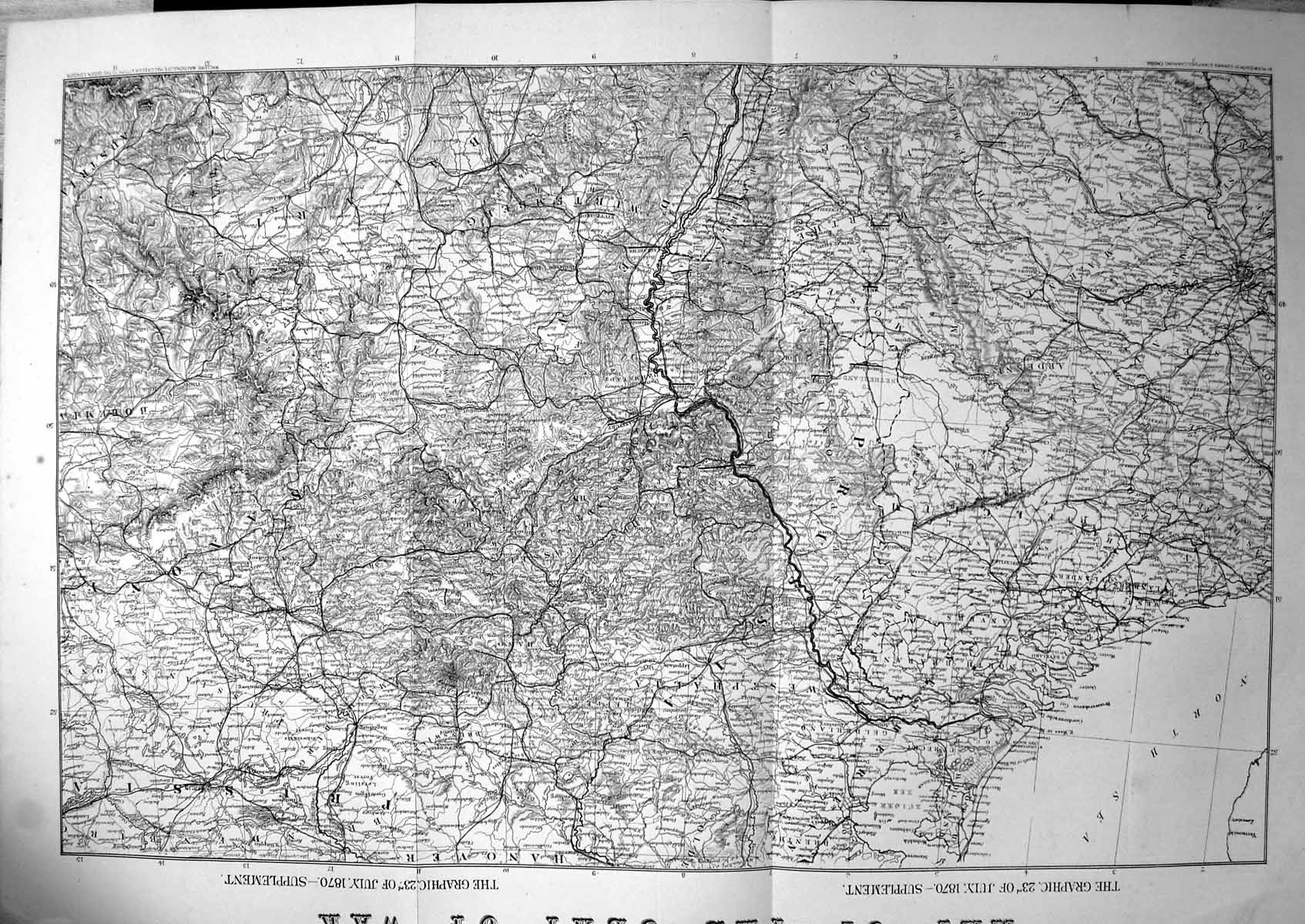 Antique Old Print Map Seat War Covers Prussia Saxony Wurtemberg Rhine 1870