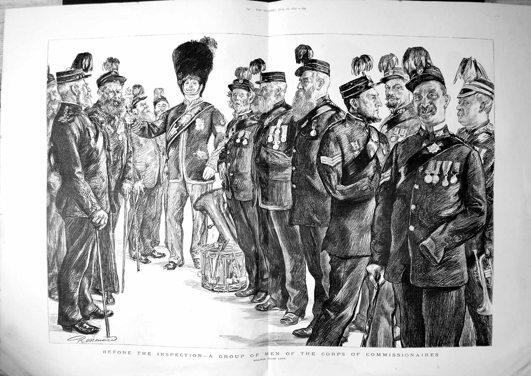 Old Antique Print Before Inspection Group Men Corps Commissionaries 1887 19th