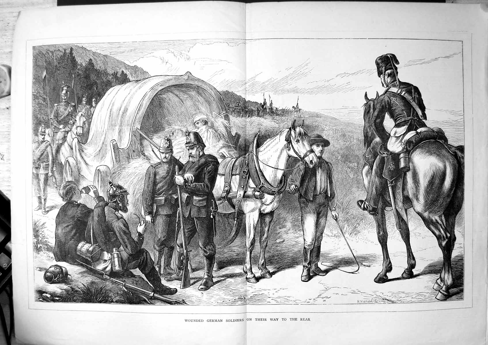 Original Old Antique Print Wounded German Siers On Way To Rear Horse Hay 1870