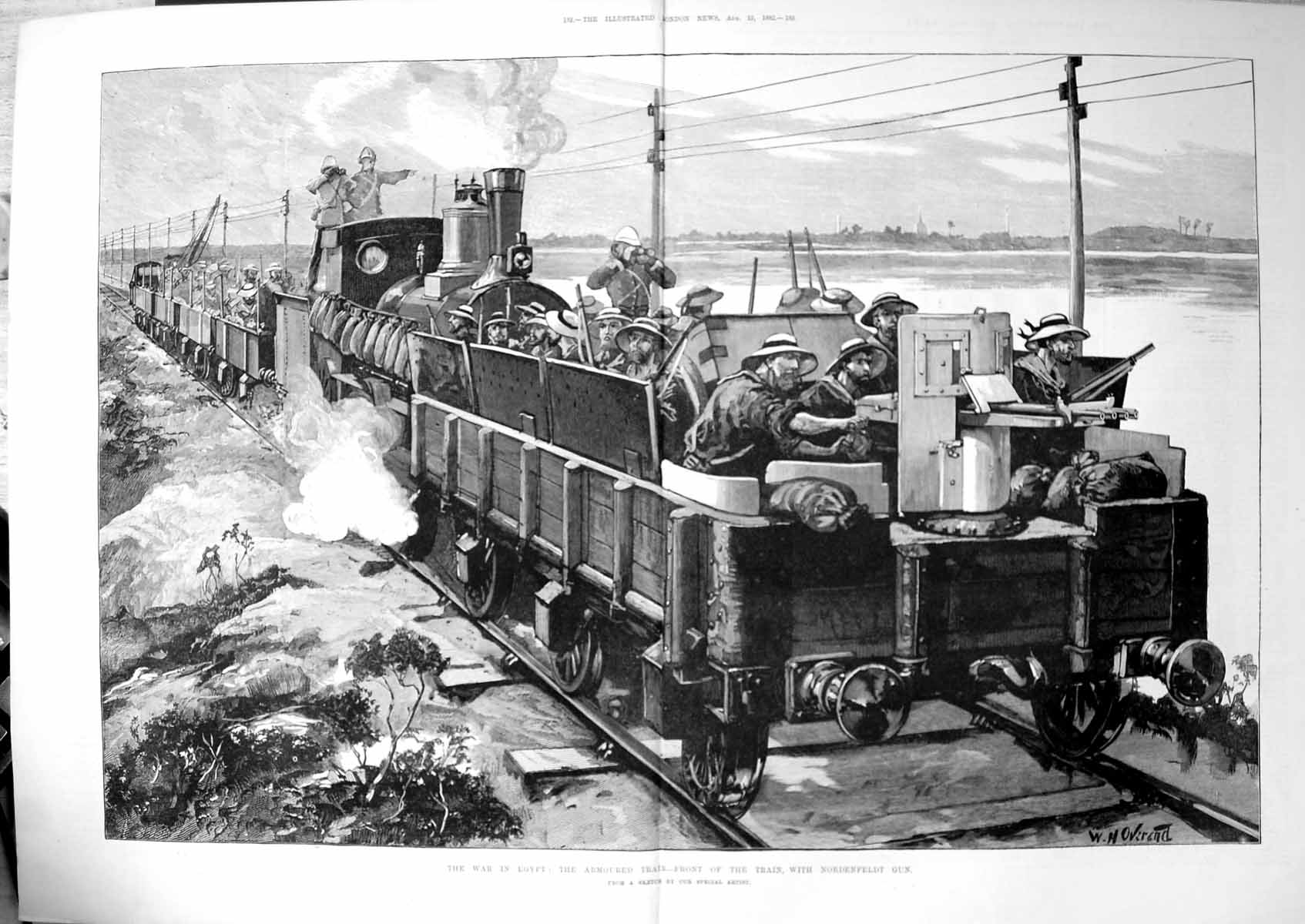 Antique Old Print War Egypt Armoured Train Front View With Nordenfeldt 1882