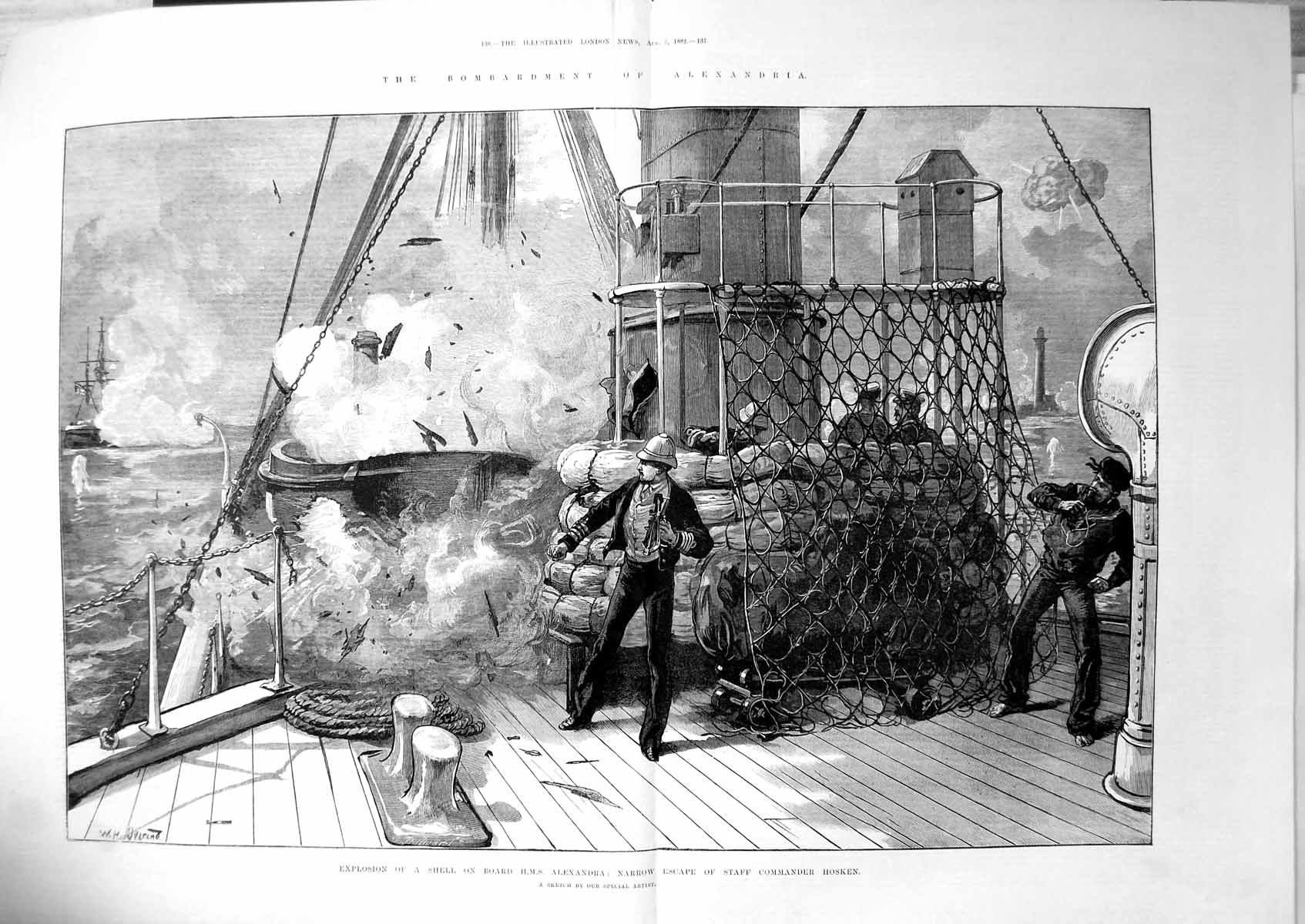 Antique Old Print Bombardment Alexandria Explosion Shell Hms Alexandra 1882