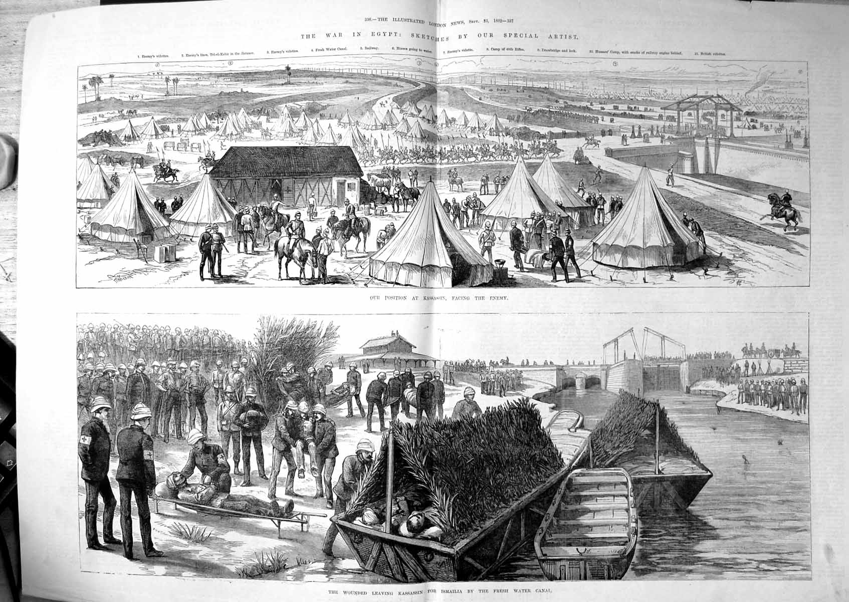 Old Print War Egypt Position Kassassin Tents Wounded Leaving Canal 1882 19th