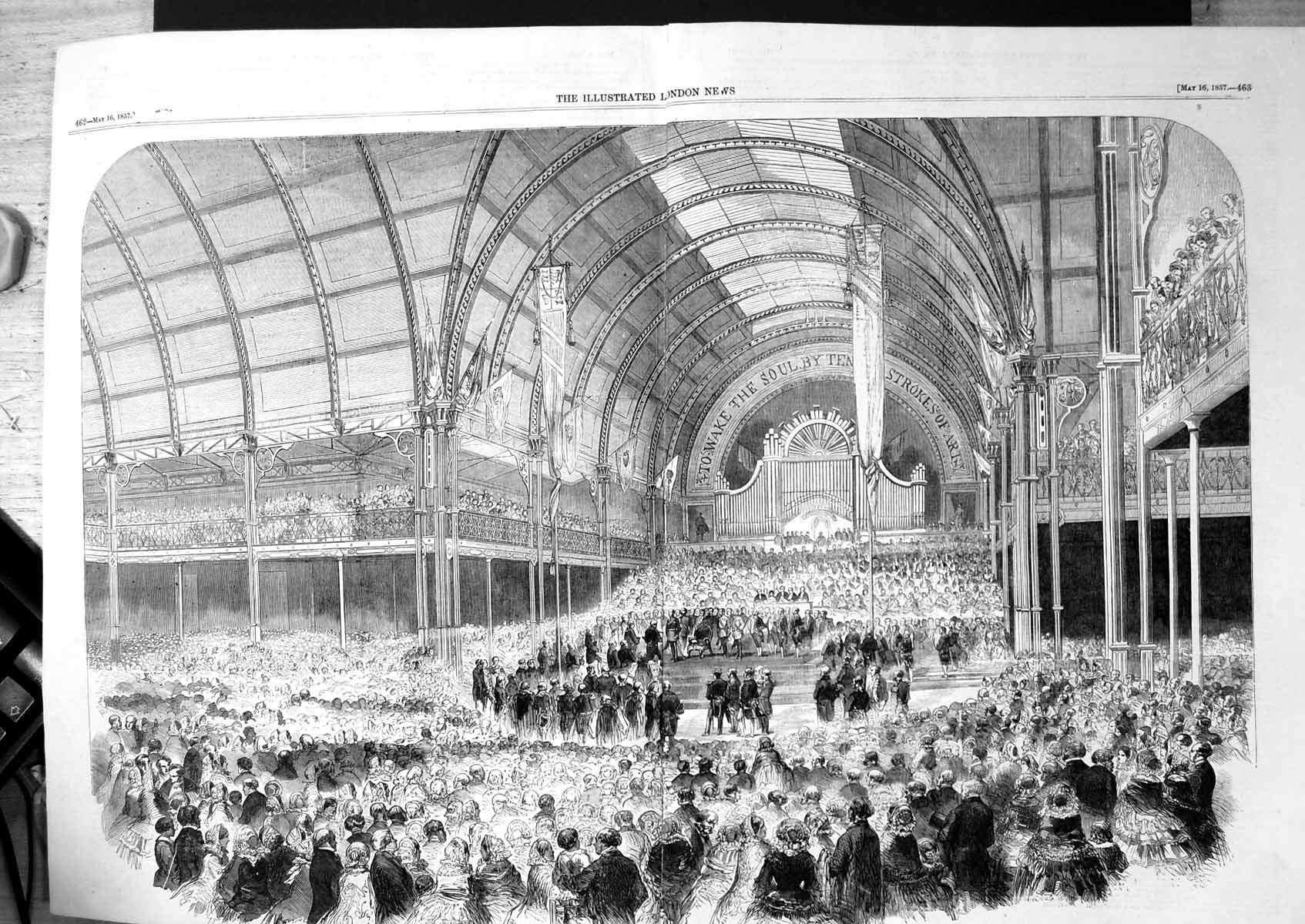Old Print Large Gathering Dignitaries Crowd People Arched Ceilings 1857 19th
