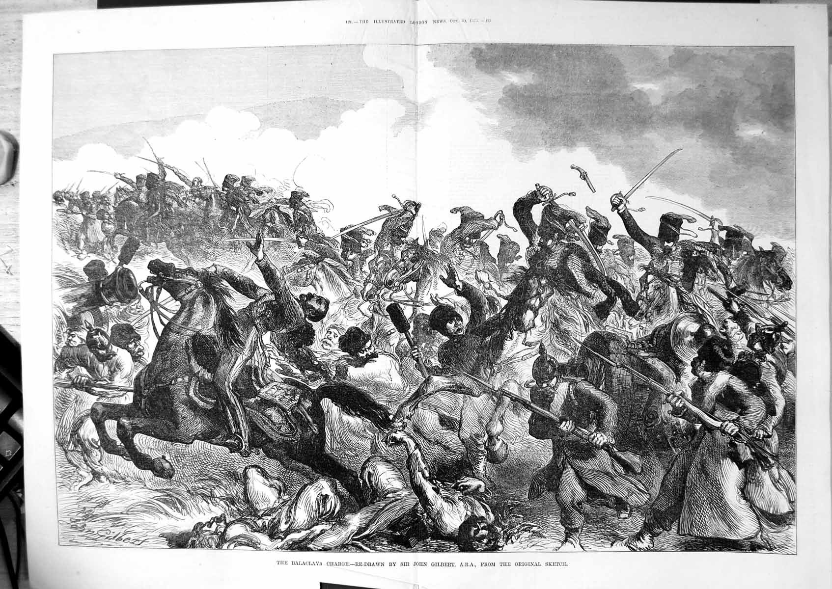 Original Old Antique Print Balaclava Charge Horses Siers Bayonets Rifles 1875