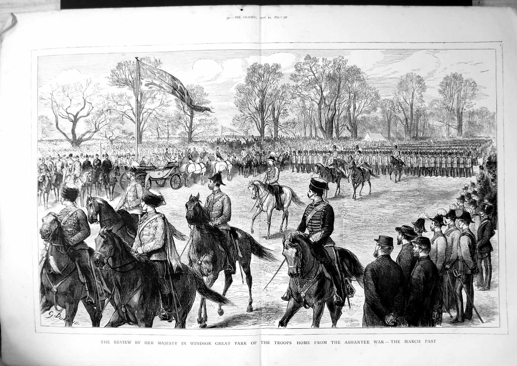 Antique Old Print Review Her Majesty Windsor Great Park Troops Ashantee 1874