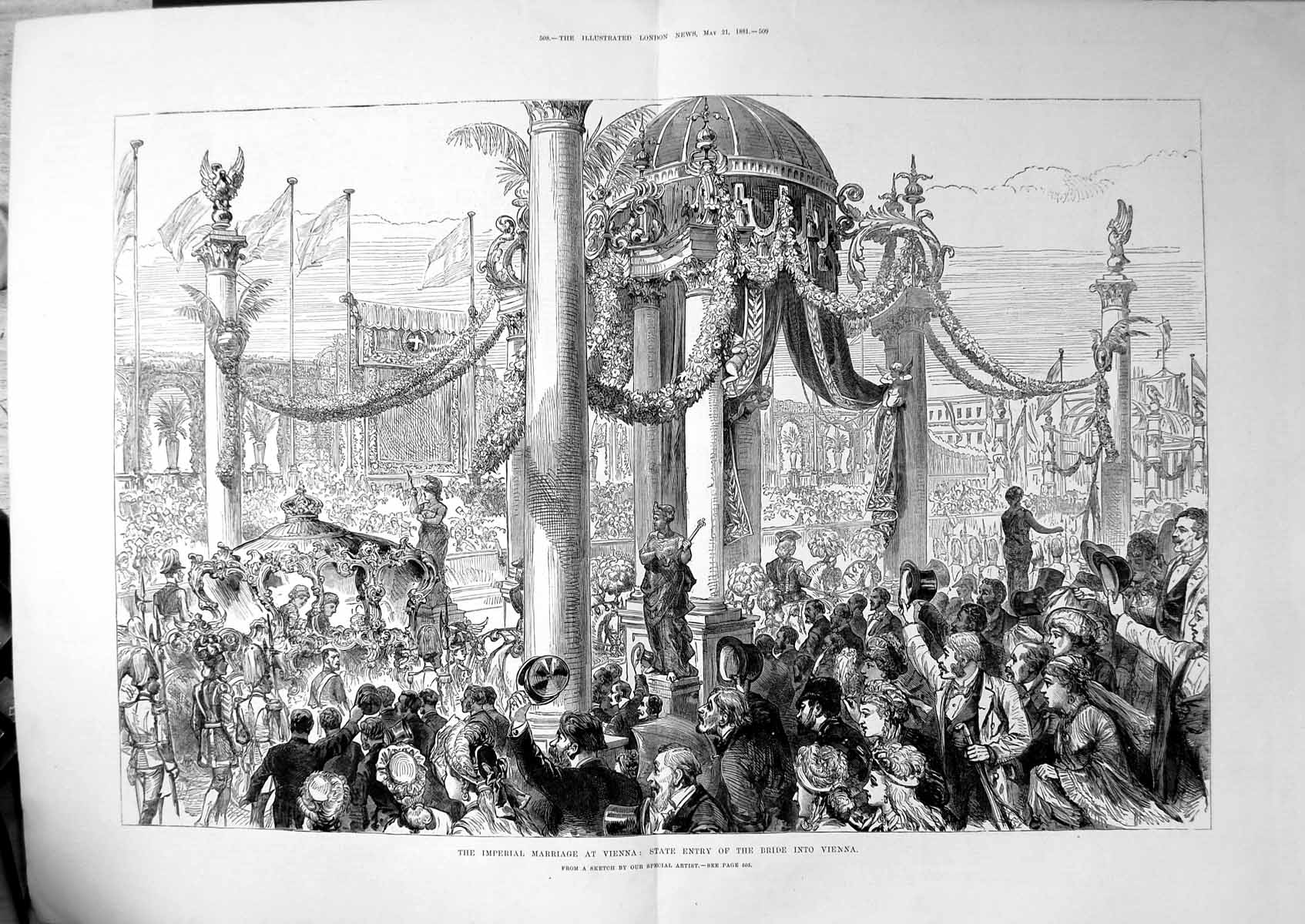 Antique Old Print Imperial Marriage Vienna State Entry Bride Procession 1881