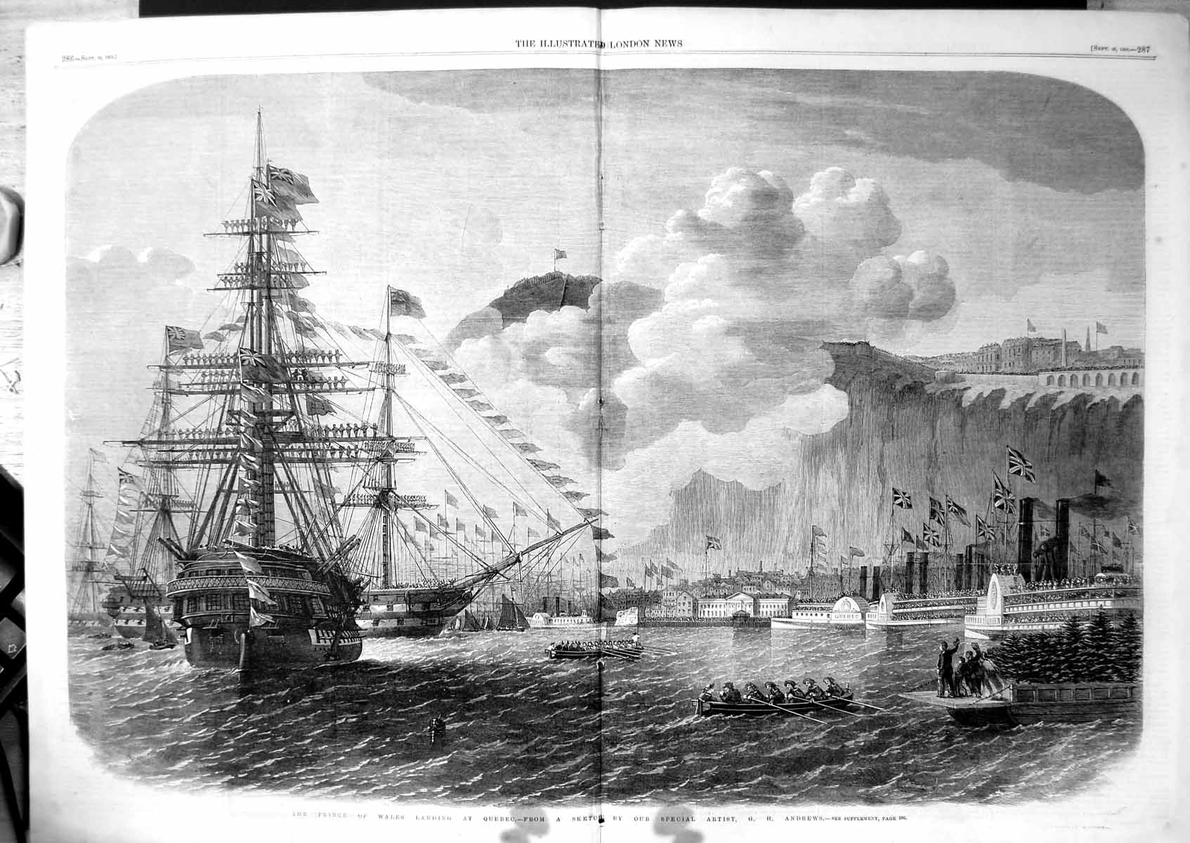 Antique Old Print Prince Wales Landing Quebec Ships Rowing Boats Canada 1860